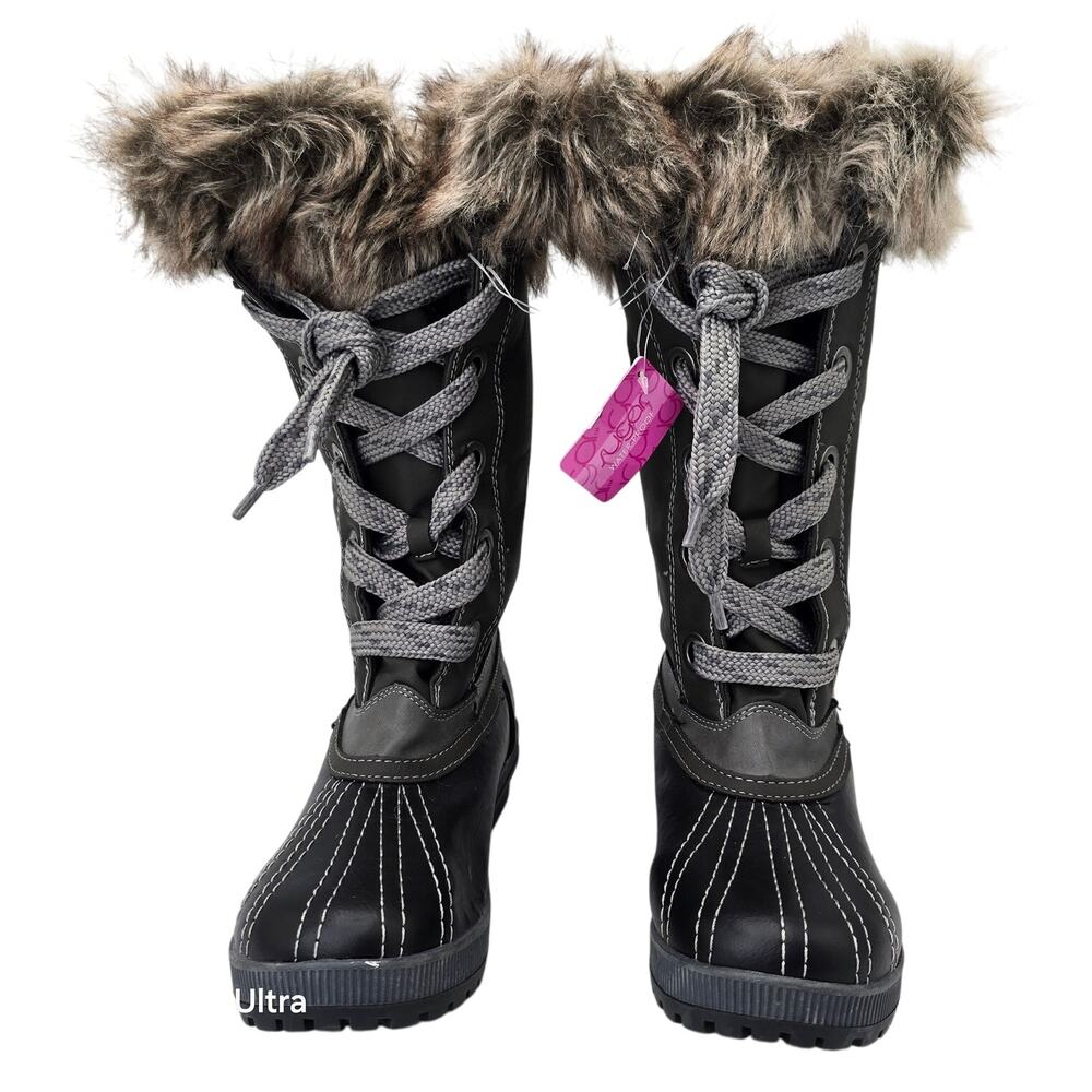Sugar Snow Winter Boots Gray Waterproof Lined Faux Fur Mid Calf Lace Up Womens 8